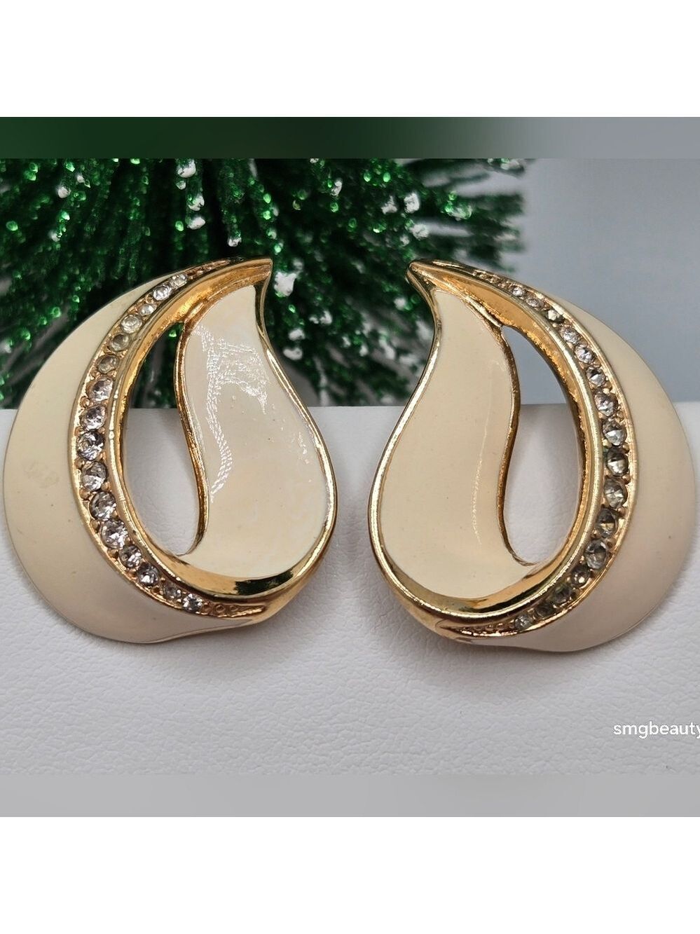 ✨2/$10✨ Gold Tone Cream Enamel Half Hoop Stud Earrings Rhinestones Accent